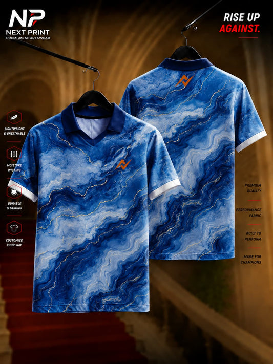 Front and back view of Next Print sapphire blue marble polo collar sports jersey featuring premium marble graphics on breathable dry-fit fabric.