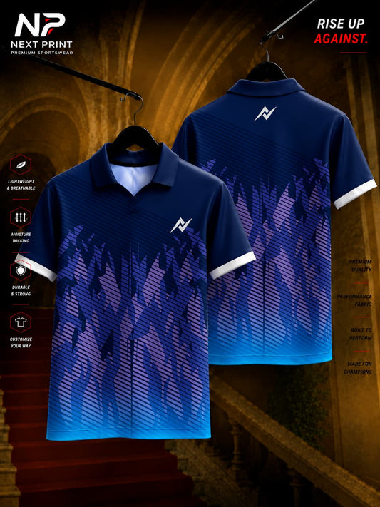 Navy blue polo cricket jersey featuring abstract shadow flame graphics with diagonal performance lines and blue gradient, front and back view by Next Print.