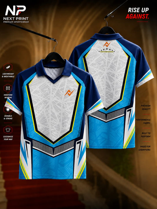 Sky blue and navy blue polo collar cricket jersey with shield-inspired graphic design, premium dry-fit fabric, front and back view.