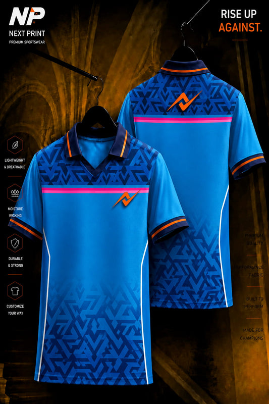 Next Print premium sky blue geometric sublimation polo jersey front and back mockup with custom logo