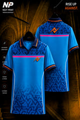 Next Print premium sky blue geometric sublimation polo jersey front and back mockup with custom logo