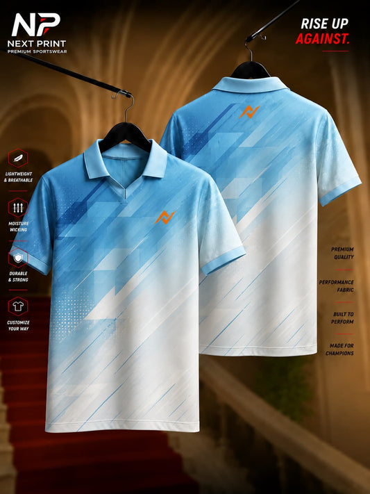 Sky blue and white gradient geometric polo collar V-neck cricket jersey with front and back view by Next Print.