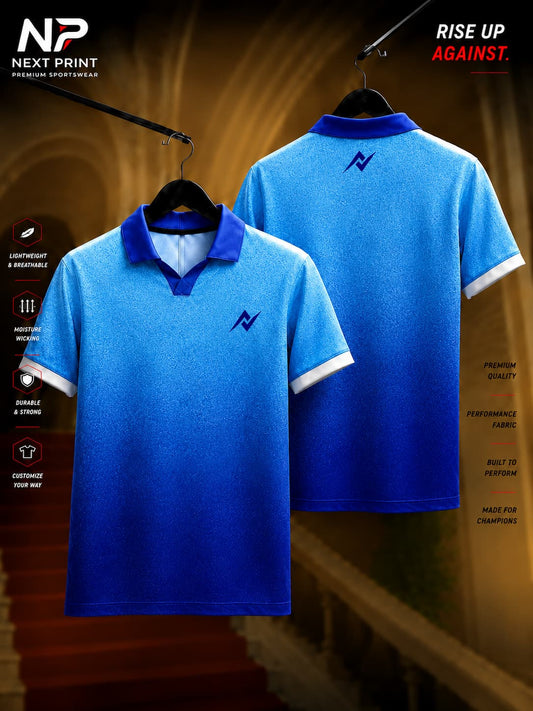 Front and back view of Next Print sky blue gradient polo collar sports jersey with textured dry-fit fabric and premium athletic design.