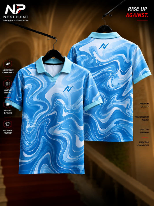 Front and back view of a sky blue marble flow polo collar V-neck cricket jersey with abstract swirl design by Next Print.