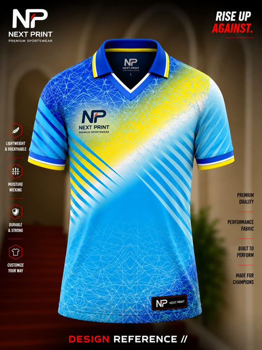 Front view of Next Print sky blue and royal blue custom polo cricket jersey with yellow accents and premium sublimation sportswear design.