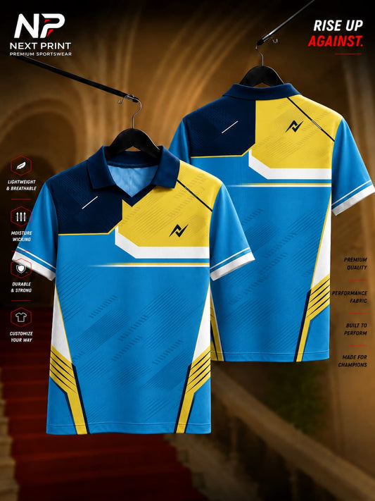 Sky blue polo collar cricket jersey with navy blue and yellow geometric graphics in premium dry-fit fabric, front and back view.
