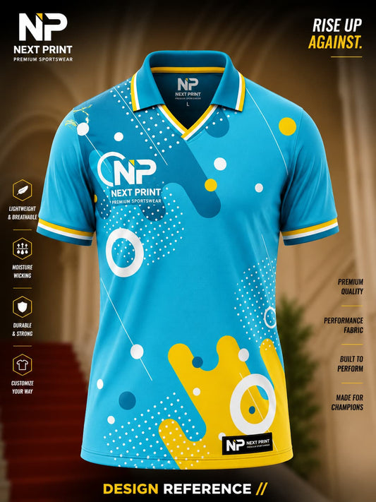 Front view of Next Print sky blue and yellow abstract polo cricket jersey with modern geometric graphics and premium sublimation sportswear.