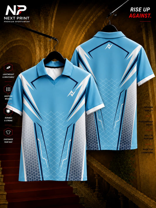 Sky blue and white polo collar cricket jersey with navy geometric graphics and front and back views by Next Print.
