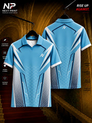 Sky blue and white polo collar cricket jersey with navy geometric graphics and front and back views by Next Print.