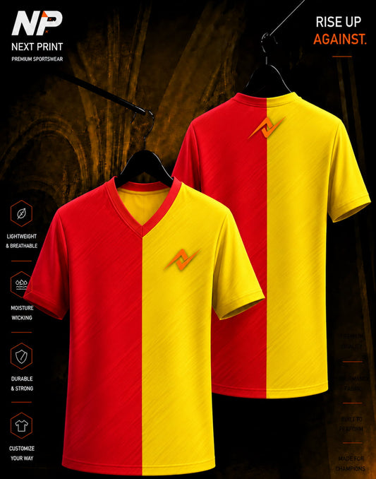 Next Print Split Strike premium red and yellow V-neck sublimation sports jersey front and back mockup