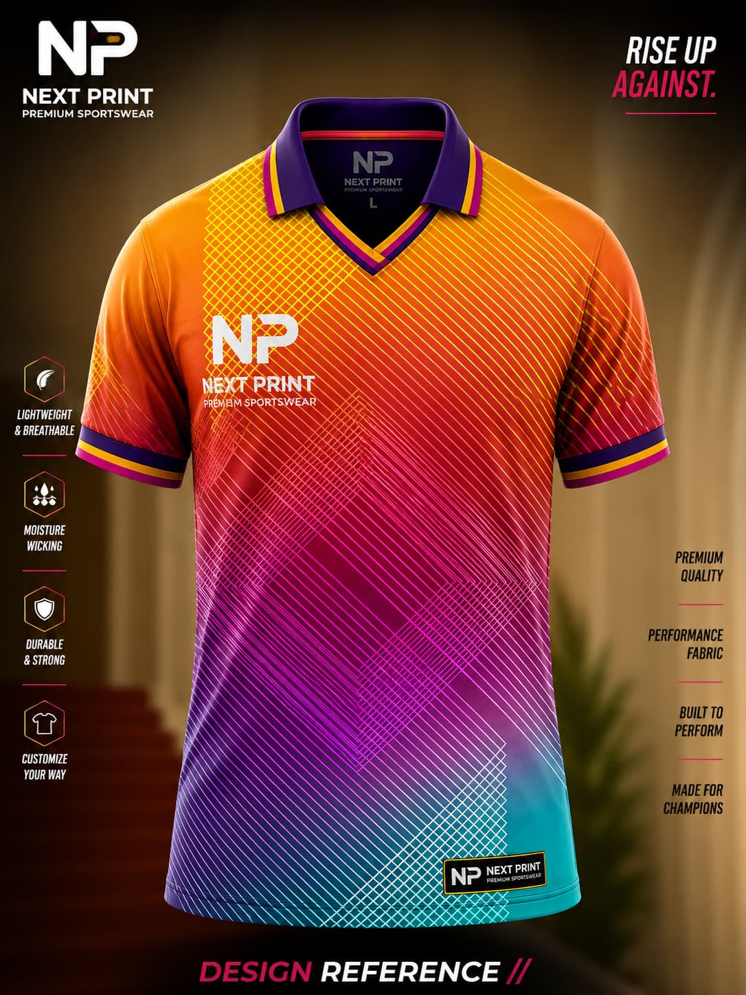 Front view of Next Print sunset gradient polo cricket jersey featuring orange, purple, pink, and aqua blue colors with modern diagonal line graphics.