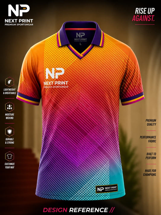 Front view of Next Print sunset gradient polo cricket jersey featuring orange, purple, pink, and aqua blue colors with modern diagonal line graphics.