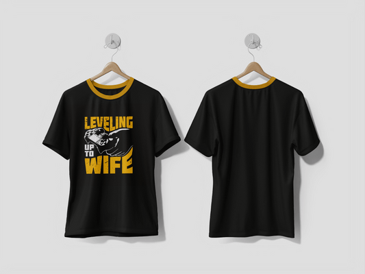NEXT PRINT T-shirt design leveling up to wife with hand holding game pad and brown background vintage illustration design t-shirt - Next Print