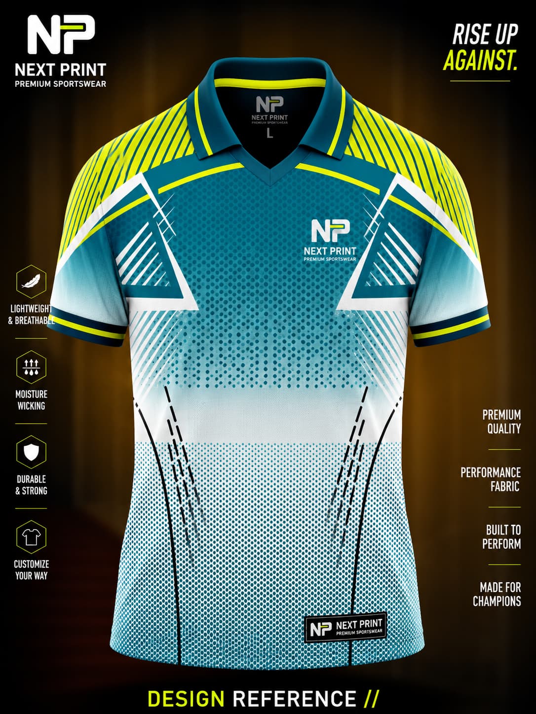 Front view of Next Print teal and white performance polo cricket jersey featuring geometric graphics, neon yellow accents, and premium sublimated sportswear.