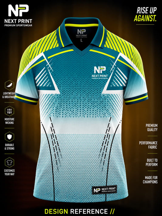 Front view of Next Print teal and white performance polo cricket jersey featuring geometric graphics, neon yellow accents, and premium sublimated sportswear.