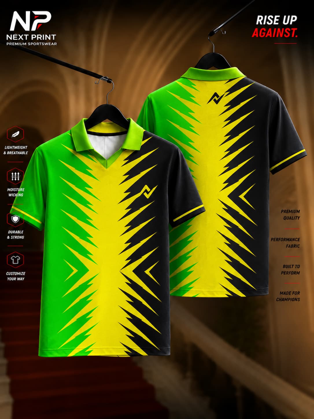 Next Print Thunder Bolt neon green, yellow and black performance polo jersey with lightning graphics and premium dry-fit sports fabric.