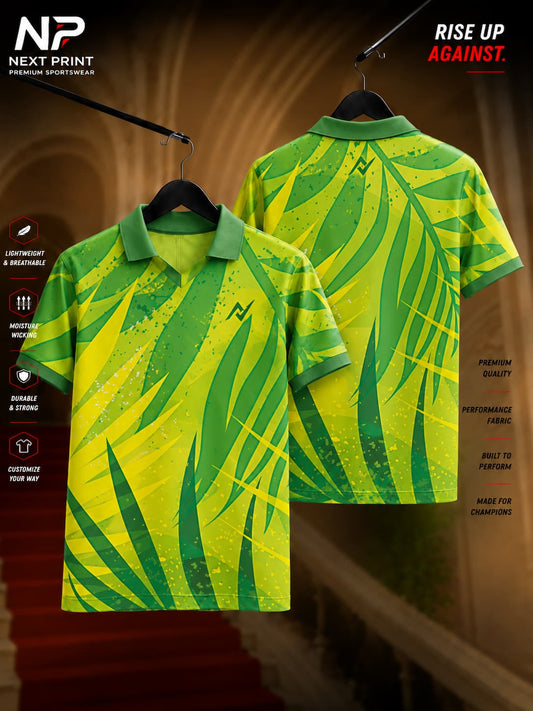 Front and back view of a tropical green leaf pattern polo collar sports jersey with premium sublimation print and performance dry-fit fabric.