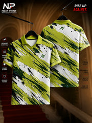 Next Print Urban Camo Rush lime green performance polo jersey with abstract camouflage brushstroke graphics and premium dry-fit fabric.