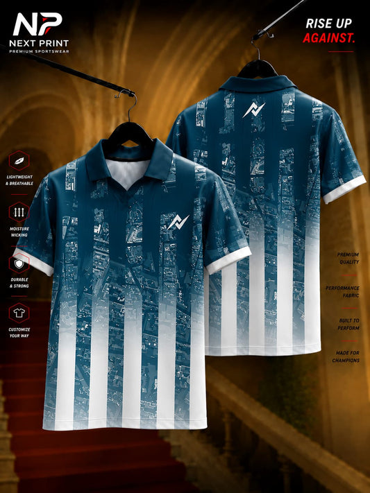 Next Print Urban Grid Blue Polo Collar Performance Jersey featuring a modern city-inspired vertical stripe design with front and back views.