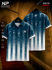 Next Print Urban Grid Blue Polo Collar Performance Jersey featuring a modern city-inspired vertical stripe design with front and back views.