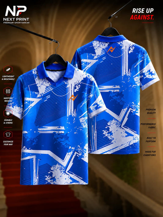 Next Print Urban Splash Blue Polo Collar V-Neck Dry-Fit Sports Jersey with abstract paint splash pattern, front and back view