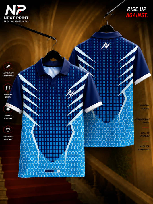 Navy blue and sky blue polo collar cricket jersey with white speed graphics and hexagonal side panels, front and back view.