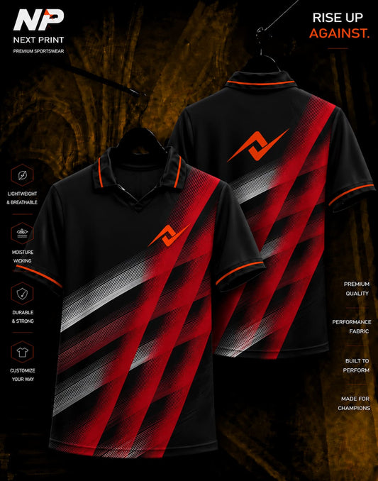 Next Print Velocity Red Performance Polo Jersey featuring red and white abstract stripe graphics on a black polo jersey with front and back views.