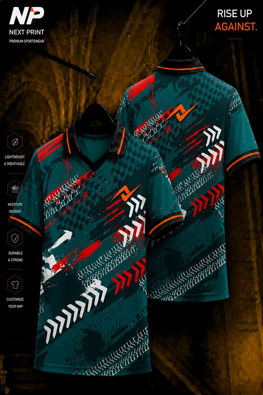 Next Print premium teal and red sublimation polo sports jersey front and back mockup with performance graphic design.