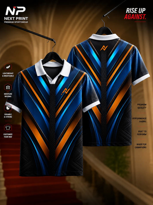 Next Print Velocity Vortex Polo Collar Sports Jersey featuring bold blue, black, and orange V-stripe graphics with front and back views.
