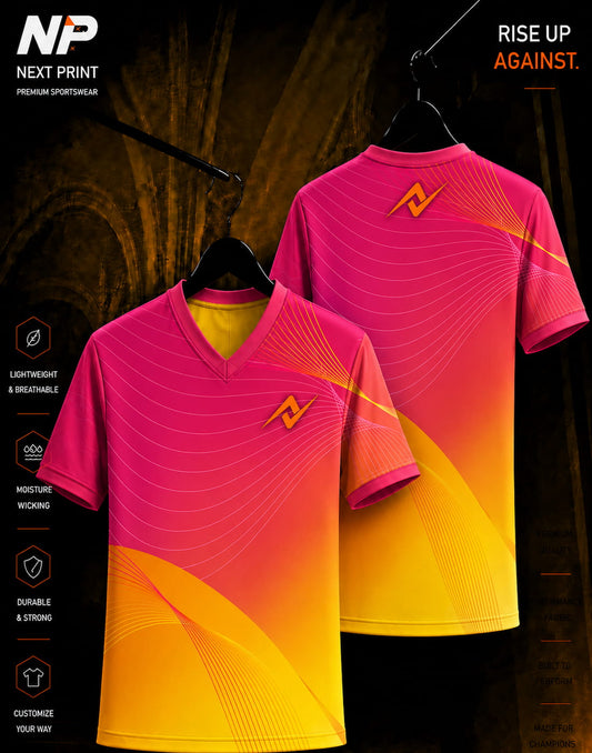 Next Print pink and gold custom esports jersey with flowing wave pattern, premium V-neck sublimation sportswear front and back view.