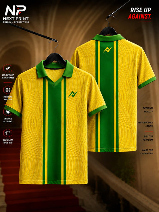 Yellow and green polo V-neck performance sports jersey featuring textured wave graphics with front and back views.