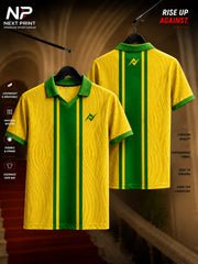 Yellow and green polo V-neck performance sports jersey featuring textured wave graphics with front and back views.