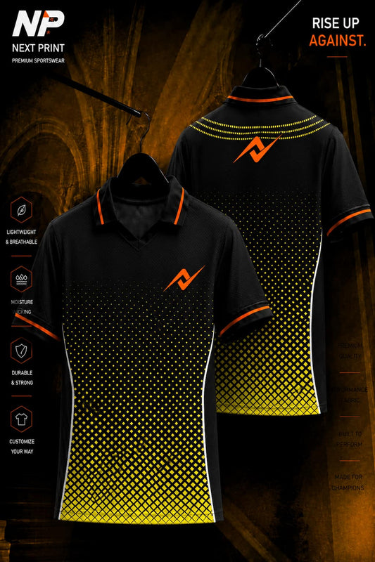 Black and yellow polo cricket jersey featuring a halftone gradient and geometric pattern shown in front and back views.