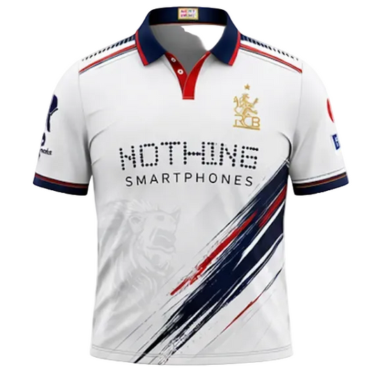 Next Print RCB White Cricket Jersey Red Blue Stripes Premium Custom Team Sports Shirt