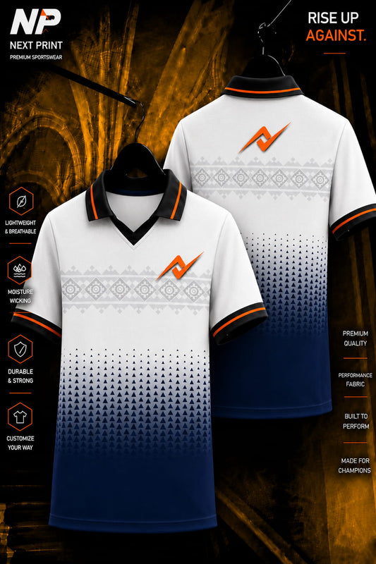 Front and back view of Next Print White Navy Tribal Gradient Premium Custom Polo Jersey with grey tribal stripe and navy gradient sublimation design.