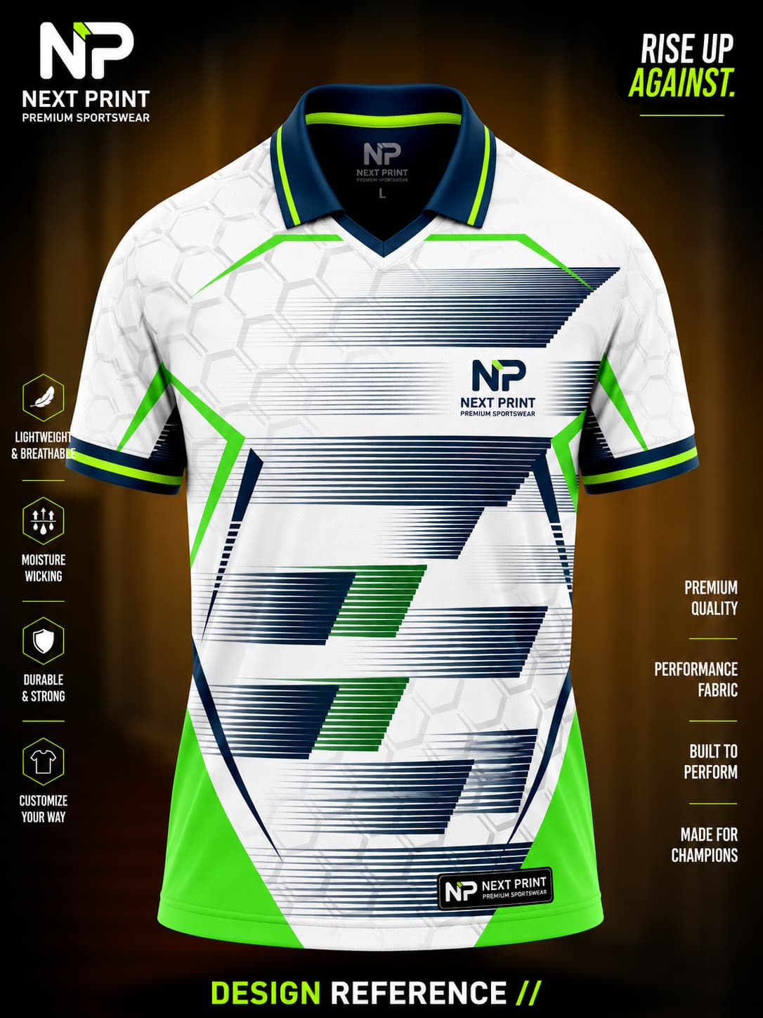 Front view of Next Print white and neon green geometric polo cricket jersey featuring navy speed line graphics, hexagon texture, and premium sublimated sportswear.