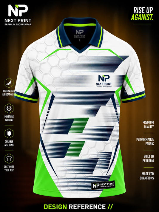 Front view of Next Print white and neon green geometric polo cricket jersey featuring navy speed line graphics, hexagon texture, and premium sublimated sportswear.