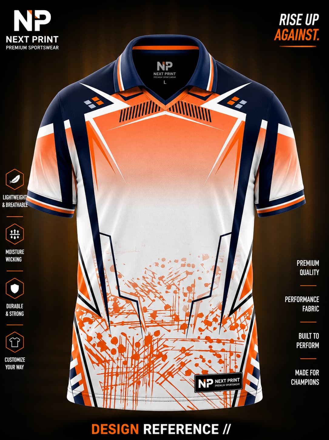Front view of Next Print white and orange elite performance polo cricket jersey featuring navy blue accents, geometric graphics, and premium sublimation sportswear.