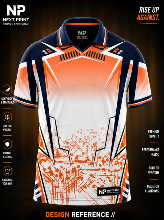 Front view of Next Print white and orange elite performance polo cricket jersey featuring navy blue accents, geometric graphics, and premium sublimation sportswear.