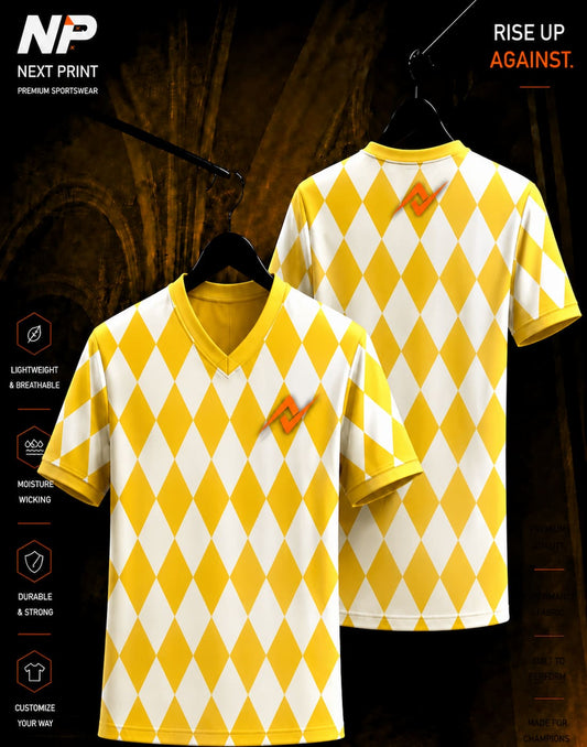 Next Print premium yellow and white diamond pattern V-neck sublimation sports jersey front and back mockup.