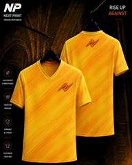 Yellow gradient premium sublimation V-neck sports jersey with Next Print logo shown in front and back mockup.