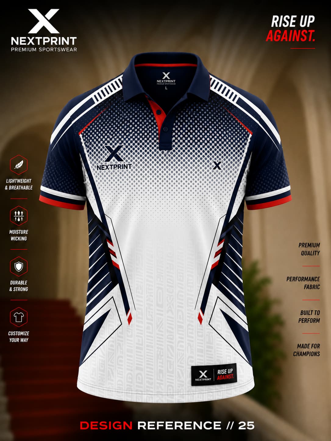 NextPrint Apex Matrix white and navy polo sports jersey featuring modern geometric graphics with premium dry-fit performance fabric.