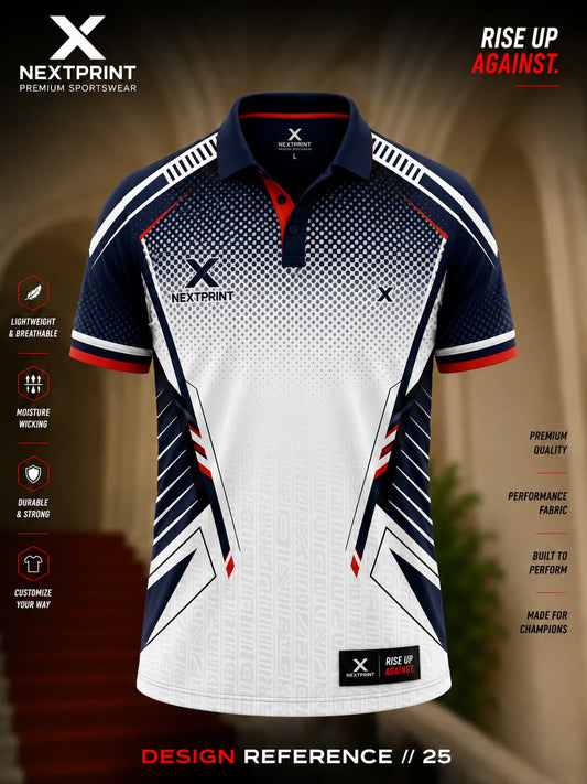 NextPrint Apex Matrix white and navy polo sports jersey featuring modern geometric graphics with premium dry-fit performance fabric.