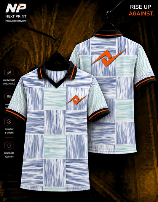 Next Print aqua blue patchwork custom sublimation polo jersey with front and back view for sports teams