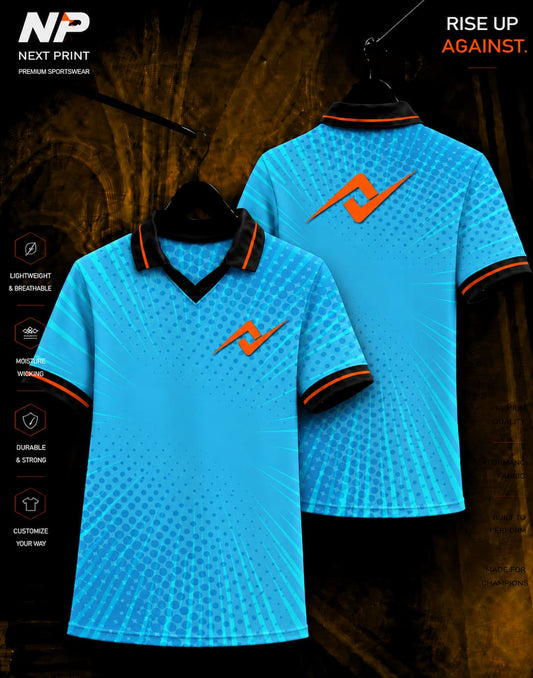 NextPrint Aqua Burst Performance Polo Jersey featuring a vibrant blue halftone burst design with front and back views.