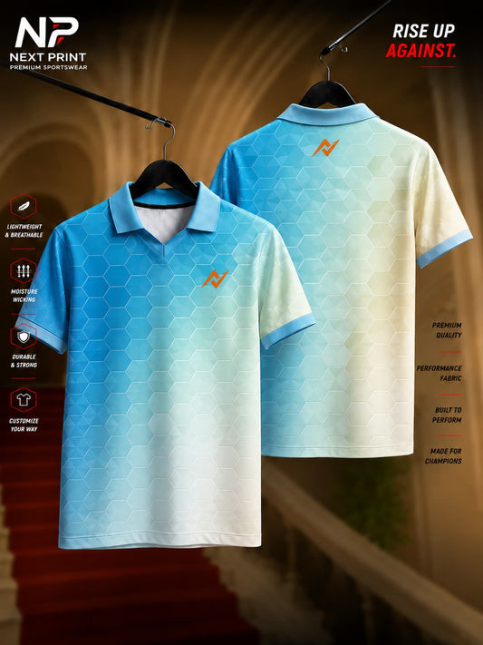 NextPrint Aqua Hex sky blue and white honeycomb polo collar V-neck cricket jersey made with premium dry-fit performance fabric.