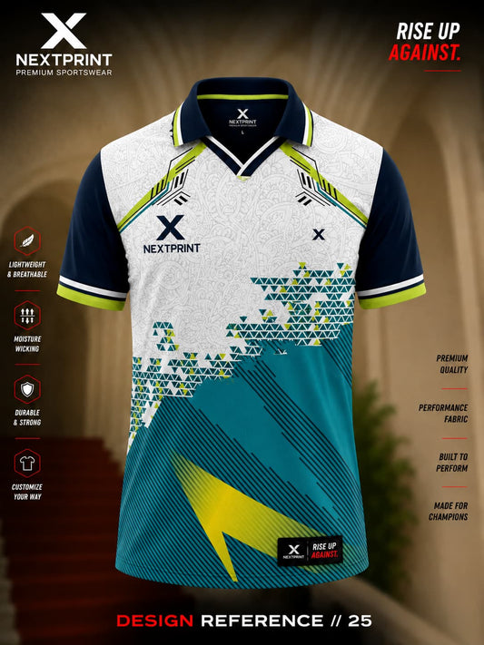 NextPrint Arctic Geo Strike white, navy and teal polo cricket jersey with geometric sublimation design and lime green accents.