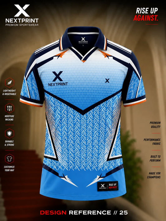 NextPrint Arctic Strike polo cricket jersey featuring a sky blue hexagonal chest pattern, navy panels, geometric graphics, and premium dry-fit performance fabric.