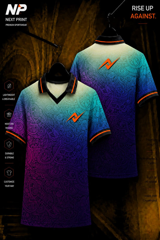 Next Print Aurora Fusion premium sublimation polo jersey front and back mockup with colorful abstract gradient pattern and custom logo