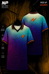 Next Print Aurora Fusion premium sublimation polo jersey front and back mockup with colorful abstract gradient pattern and custom logo